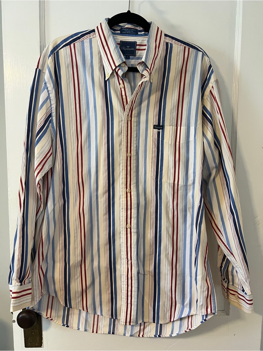 Vintage luxury Men Striped Button-Down Shirt White Blue Red coastal 4th of July